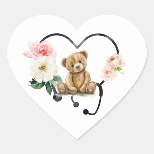 Medische teddybeer bloemenstethoscoop hart sticker (Voorkant)