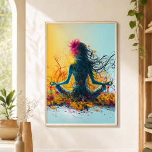 Meditatieve vrouw lotushouding yoga kleurrijke blo poster