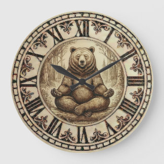 Meditating Bear Wall Clock – Wood-Burned style  Grote Klok