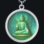 Méditation Bouddha Vert Collier pendentif rond<br><div class="desc">Un Bouddha vert envoie ses bénédictions alors qu'il s'assoit dans la méditation.  Collier reproduit de la peinture spirituelle "Bouddha vert" de Sue Halstenberg.</div>