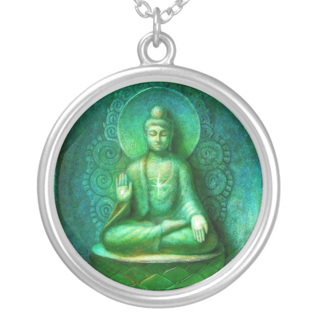 Méditation Bouddha Vert Collier pendentif rond (Devant)