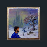 MÉDITATION D'UN CHEVALIER<br><div class="desc">Un dragon sous la neige. Peinture miniature surréaliste et symbolique sur le bois 2007 par Alessandro Lumini en Bleu blanc,  couleurs brun gris.</div>