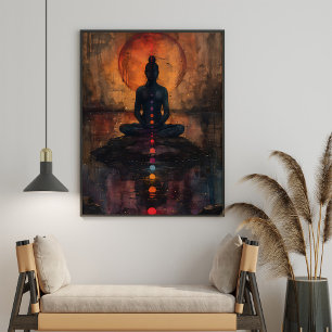Mediterende vrouw Sunset Zee Schilderen Poster