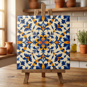 Mediterraan Blauw Bloemmotief Portugees Azulejo Tegeltje