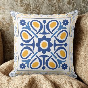 Mediterraan Blauw & Goud Bloemen Tegel Classic Kussen