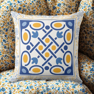 Mediterraan Blauw & Goud Bloemen Tegel Kussen