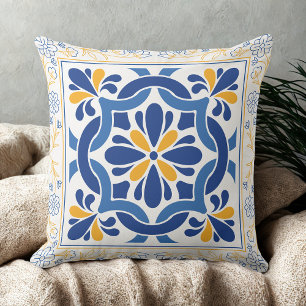 Mediterraan Blauw & Goud Bloemen Tegel Kussen