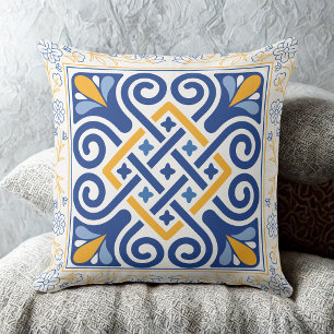 Mediterraan Blauw & Goud Bloemen Tegel Kussen