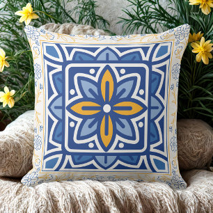 Mediterraan Blauw & Goud Bloemen Tegel retro Kussen