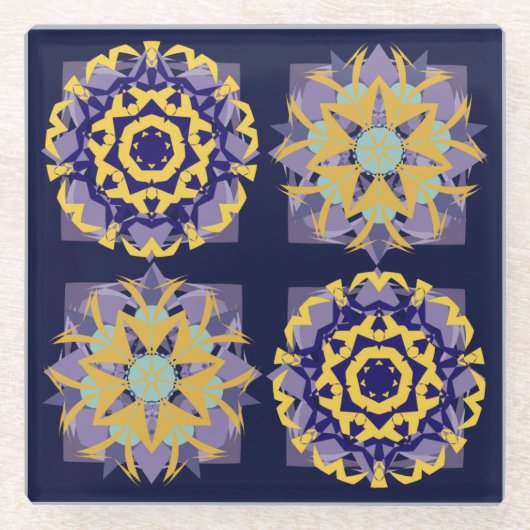 Mediterraan Blauw Goud Tegel Patroon Glazen Onderzetter (Voorkant)