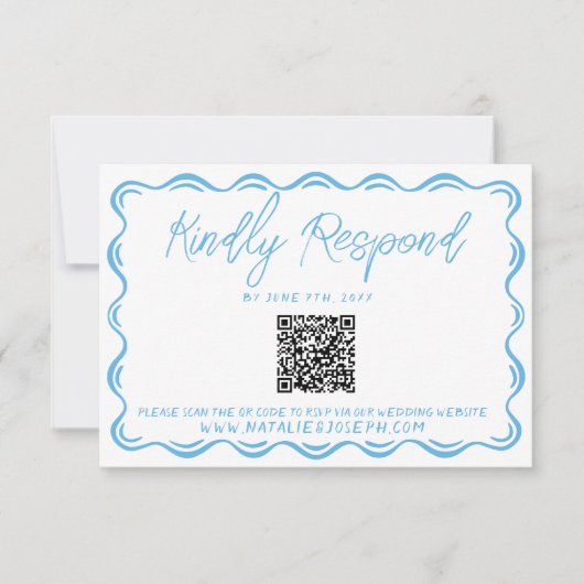Mediterraan Blauw Hand Getrokken QR Code Huwelijk RSVP Kaartje (Voorkant)