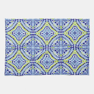 Mediterraan Blauw Neon Mozaïek-handgeschilderd Theedoek