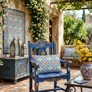 Mediterraan Blauw Oranje Groen Spaans Tegelwerk Accent Kussen