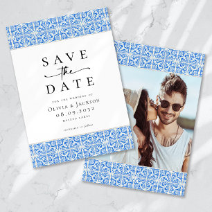 Mediterraan Blauw Tegel Script Foto bruiloft Save The Date
