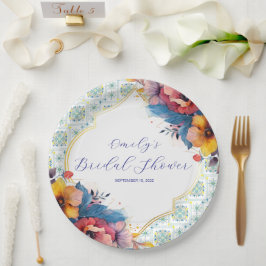 Mediterraan Blauw Tegels Elegant Vrijgezellenfeest Papieren Bordje