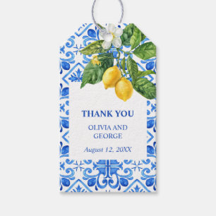 Mediterraan blauw tegels en citroenen bruiloft cadeaulabel