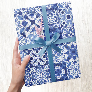 Mediterraan Blauw Wit Tegel Patroon Waterverf Cadeaupapier