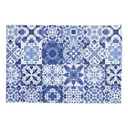 Mediterraan Blauw Wit Tegel Patroon Waterverf Kussensloop (Achterkant-Links)