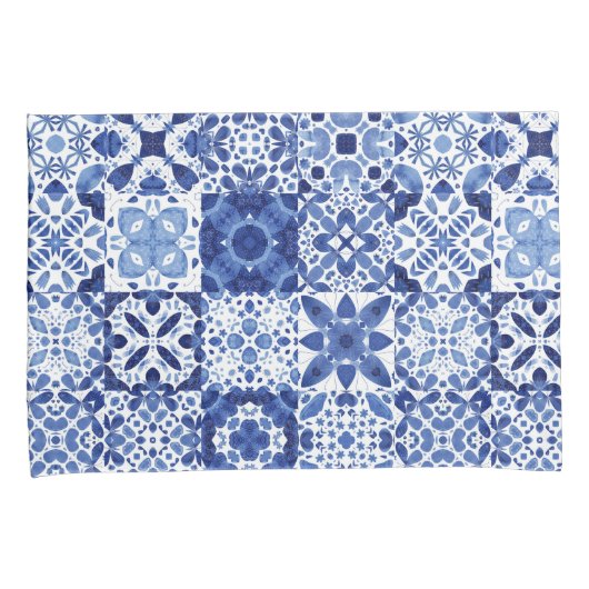 Mediterraan Blauw Wit Tegel Patroon Waterverf Kussensloop (Voorkant-Rechts)
