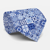Mediterraan Blauw Wit Tegel Patroon Waterverf Stropdas (Opgerold)