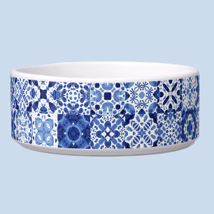 Mediterraan blauw wit tegelpatroon aquarel voerbakje