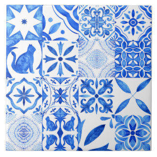 Mediterraan blauw wit tegelpatroon waterverf tegeltje