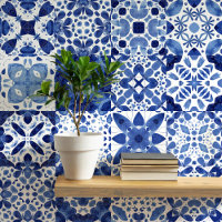 Mediterraan Blauw Witte Tegel Waterverf