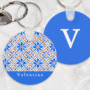Mediterraan Blauwe Azulejo-tegel Gepersonaliseerde Sleutelhanger