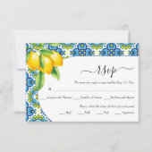 Mediterraan blauwe en gele tegels citroen bruiloft RSVP kaartje (Voorkant)