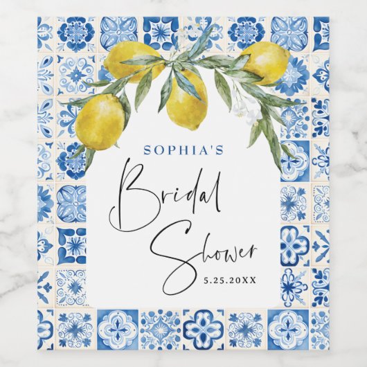 Mediterraan blauwe tegel bruidsdiner wijnlabels wijn etiket (Enkel label)