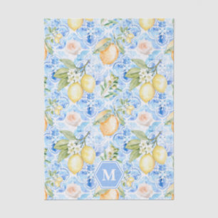 Mediterraan Blauwe Tegel Limoncello Monogram Naam Tissuepapier