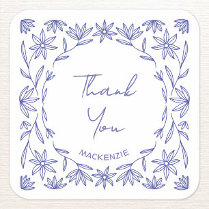 Mediterraan Blauwe Wilde Bloem Lijn Kunst Dank Je Vierkante Sticker