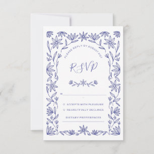 Mediterraan Bloemenblauw Wit Bruiloft RSVP Kaart