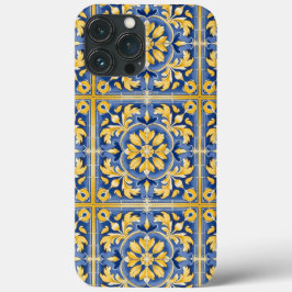 Mediterraan botanisch patroon - blauw en geel iPhone 13 pro max hoesje