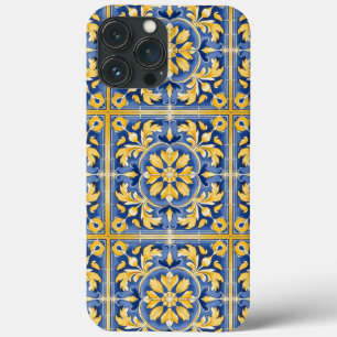 Mediterraan botanisch patroon - blauw en geel iPhone 13 pro max hoesje