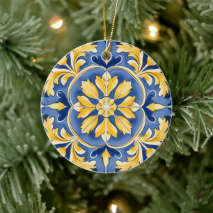 Mediterraan botanisch patroon - blauw en geel keramisch ornament