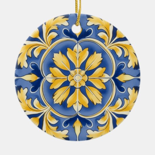 Mediterraan botanisch patroon - blauw en geel keramisch ornament (Voorkant)