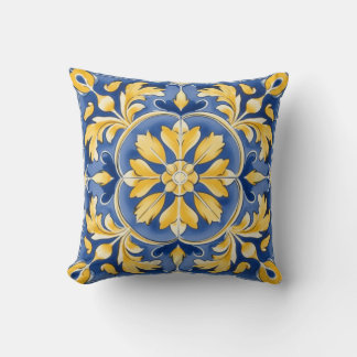 Mediterraan botanisch patroon - blauw en geel kussen