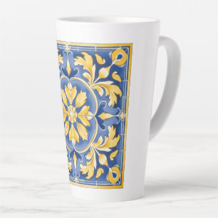 Mediterraan botanisch patroon - blauw en geel latte mok