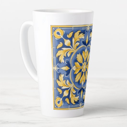 Mediterraan botanisch patroon - blauw en geel latte mok (Linkerhoek)