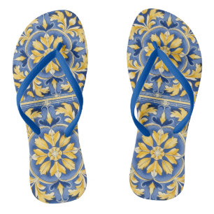 Mediterraan botanisch patroon - blauw en geel teenslippers