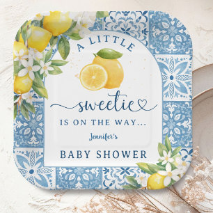 Mediterraan citroen Baby shower Blauwe Tegels Papieren Bordje