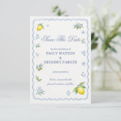 Mediterraan citroen bloemig aankondigingsontwerp save the date (Staand voorkant)