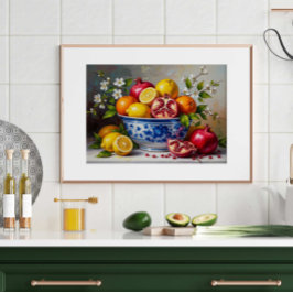 Mediterraan fruitmand stilleven olieverfschilderij poster
