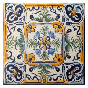 Mediterraan Geel & Blauw Bloem Folk Art Bloemen Tegeltje