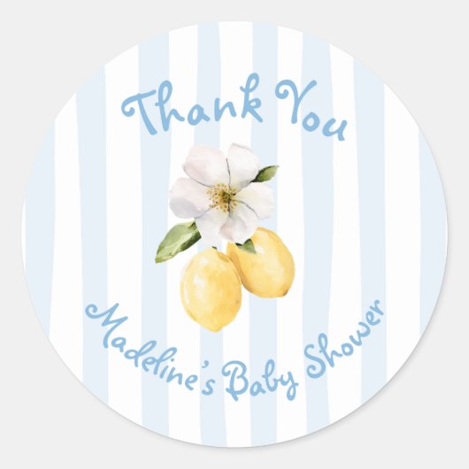 Mediterraan Geel Citroen Blauwe strepen Dank U Ronde Sticker (Voorkant)