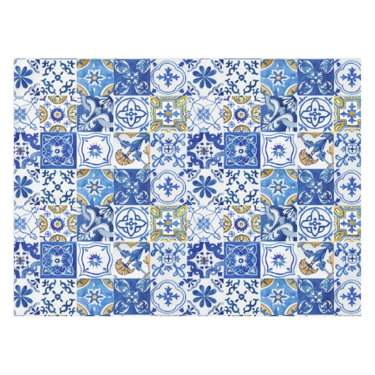 Mediterraan Italiaans blauw, wit & geel patroon Tafelkleed (Voorkant (Horizontaal))