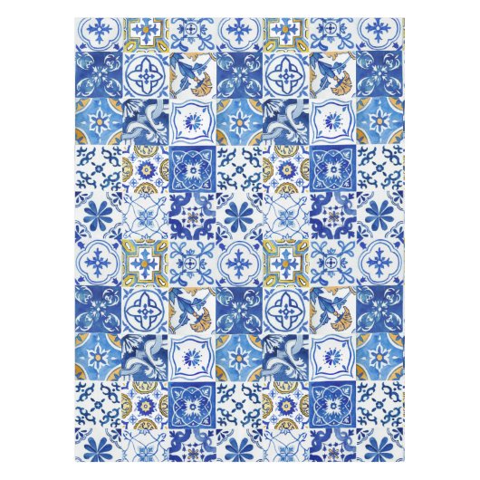 Mediterraan Italiaans blauw, wit & geel patroon Tafelkleed (Voorkant)