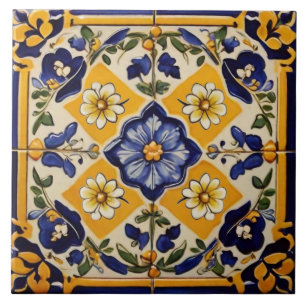 Mediterraan Italiaans Geel & Navy Bloemen Bloemen Tegeltje