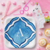 Mediterraan kobaltblauw Tegel Monogram II Papieren Bordje (Feest)